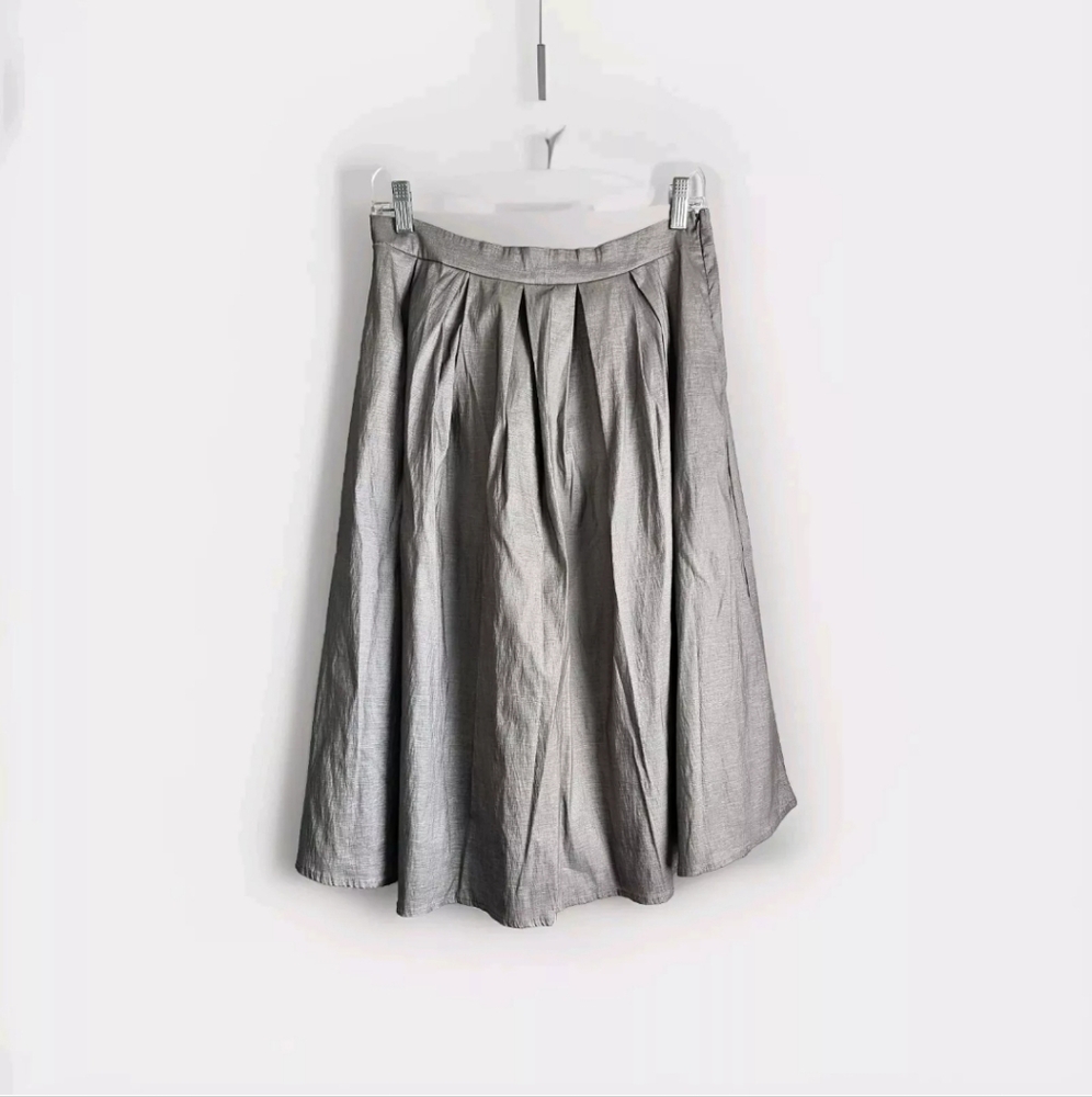 Rag Therapy Metallic Gray Midi Pleated Skirt Size M Elastic Waist Knee Length